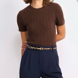 Crewneck Cropped Short Sleeve Cable Knit Sweater